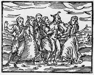 Hekse, der danser med Djævelen, illustration fra Compendium Maleficarum af Francesco Maria Guazzo, 1608